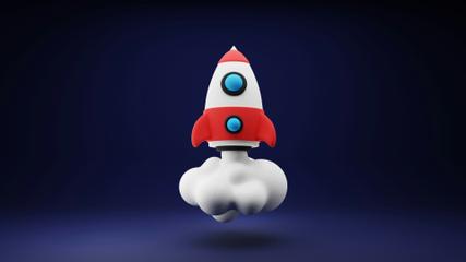 3D rendering of a cute little space rocket painted red and white with a fluffy smoke cloud coming out of it.